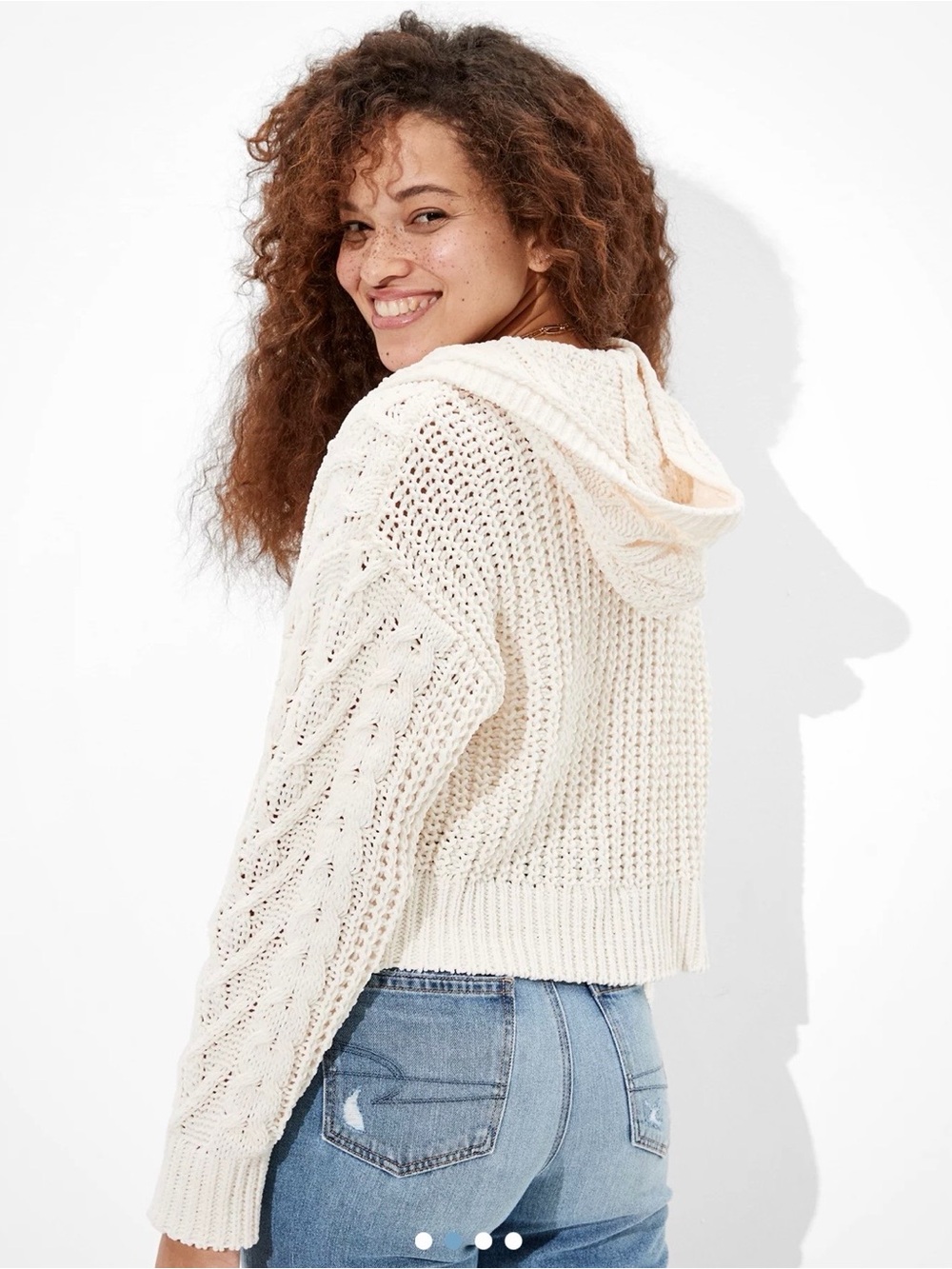 American Eagle Outfitters Cream Hooded Cable-Knit Sweater